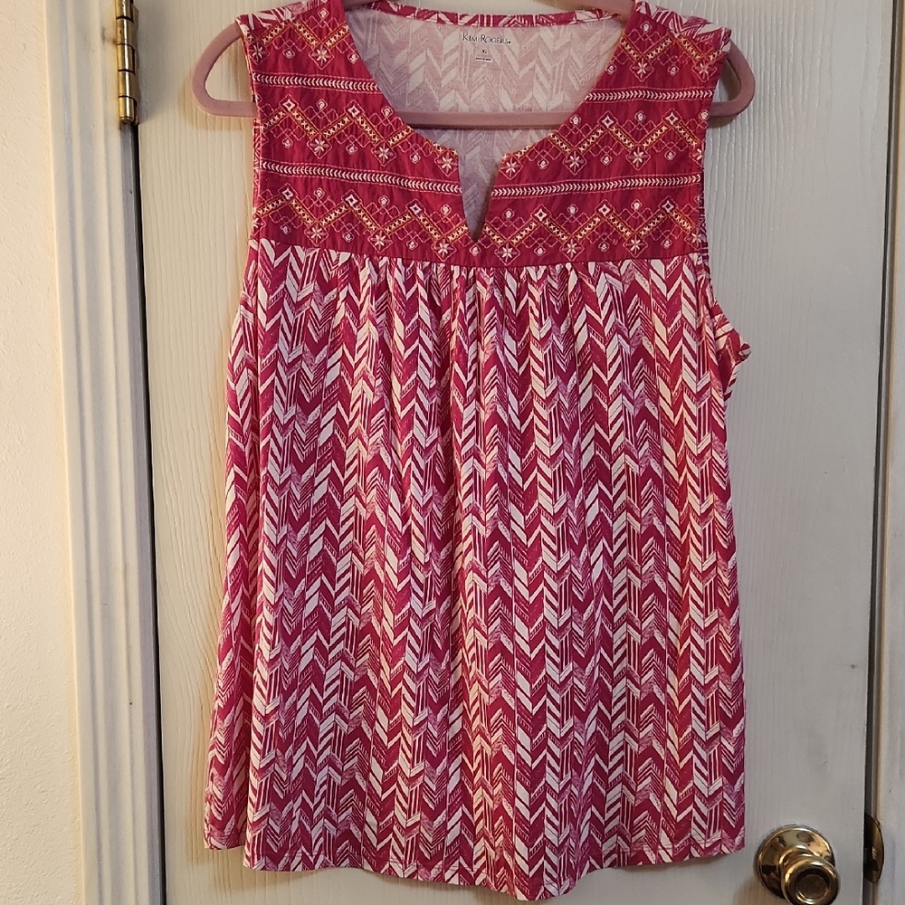 Kim Rogers Pink Patterned Sleeveless Embroidered Yoke Blouse